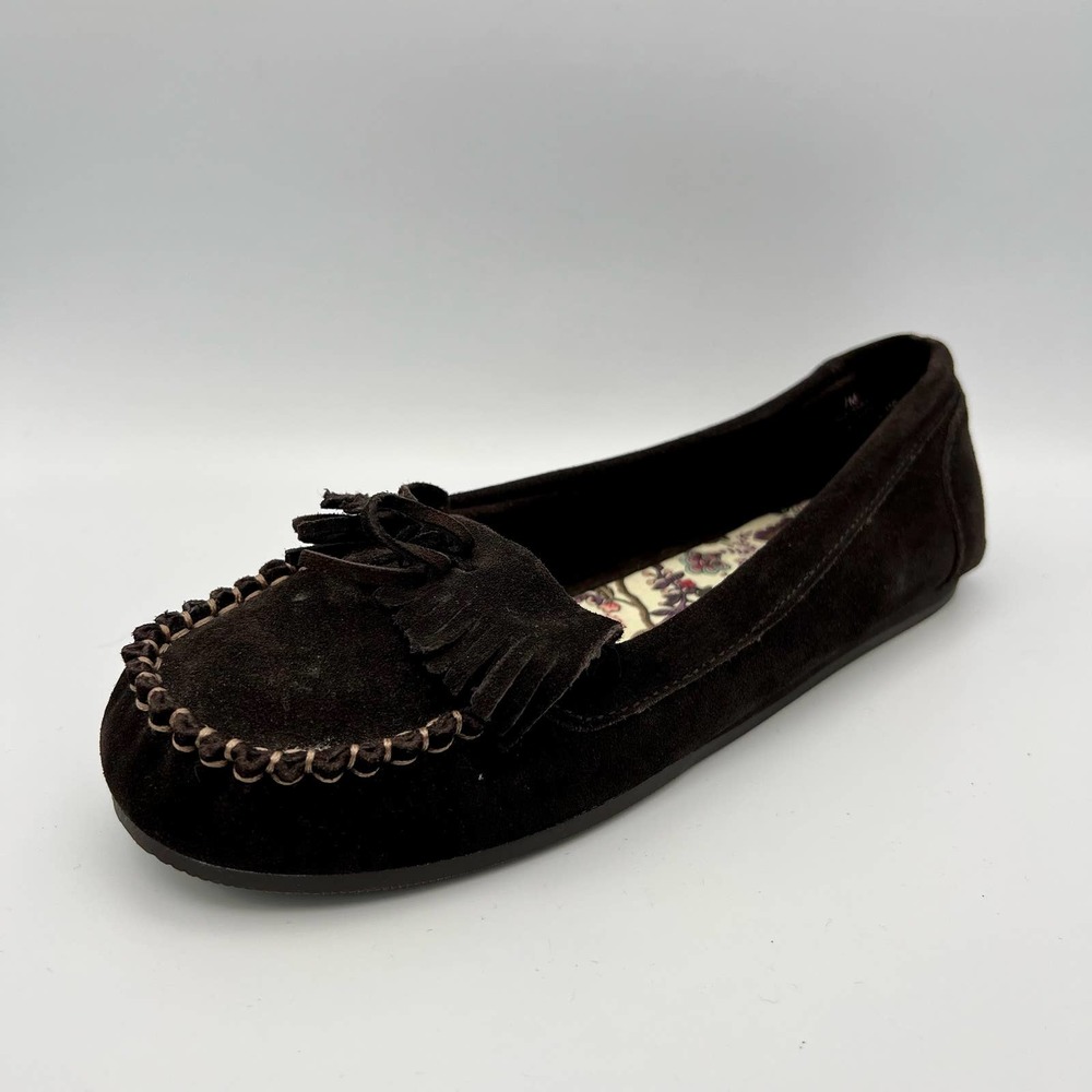 Decree Womens Leather Moccasins size 7M Dark Brown Fringe Contrasting Stitching